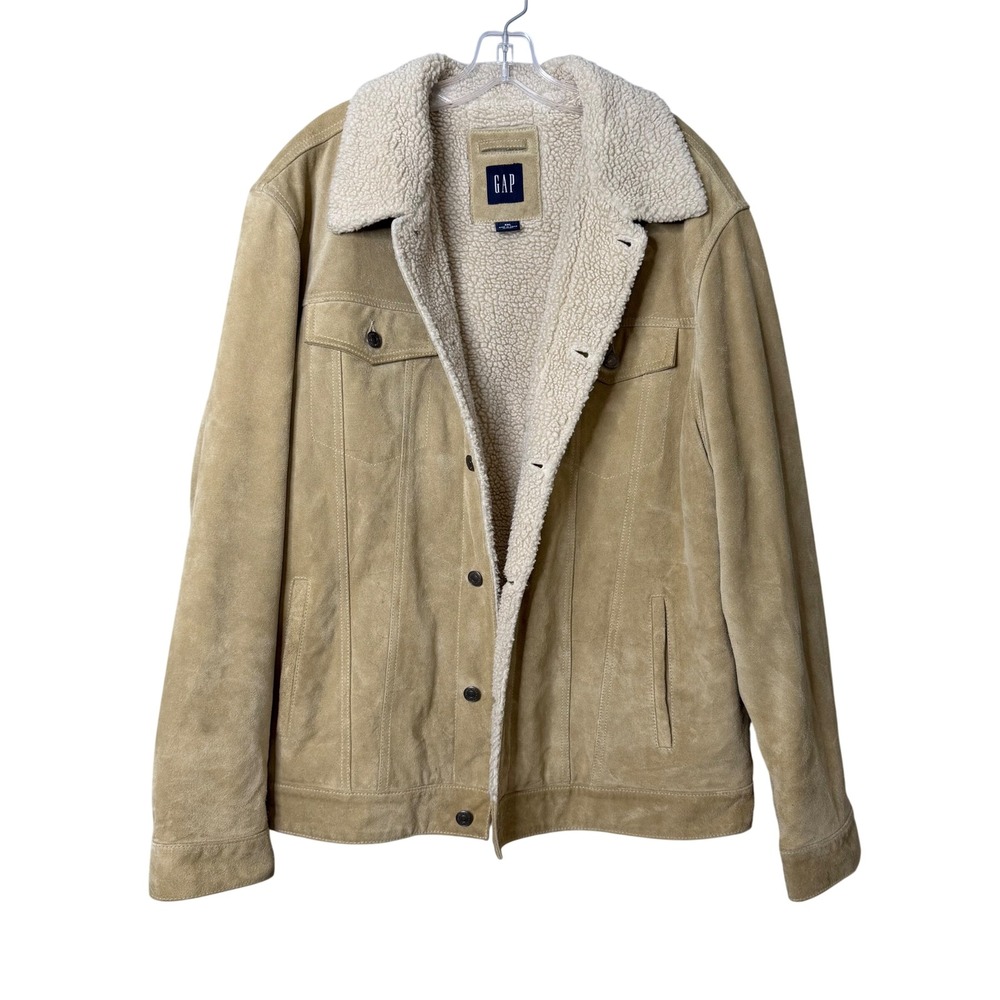 Gap Suede Leather Trucker Jacket Mens XXL Tan Sherpa Lined Vintage Heavyweight